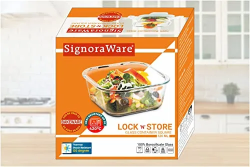 SignoraWare Lock 'N' Store Square High Microwave Oven Borosilicate Safe Glass Container with Air Tight Lid | Multipurpose Jar Box (320ml, Transparent, Food Grade)