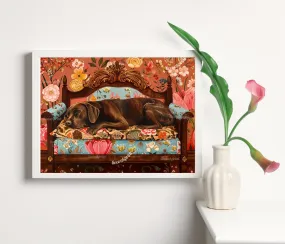 Sleeping Chocolate Lab - Brown Lab Print - Maximalist Wall Art -  Labrador Living Room Print -  Vintage Wall Art - Grandmillenial Style