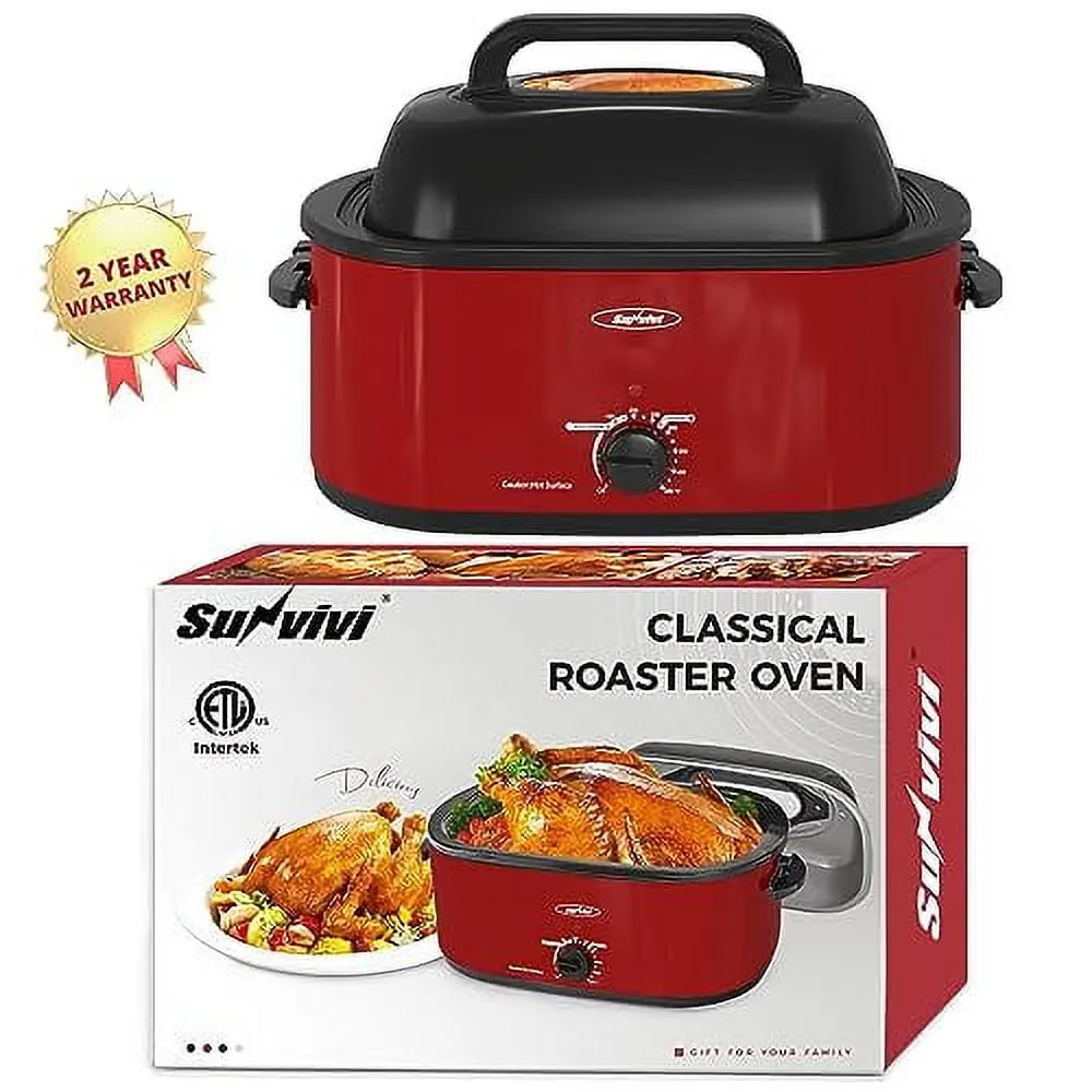 SUNVIVI 20 Quart Turkey Electric Roaster Oven with Self-Basting Lid, Stainless Steel, Red