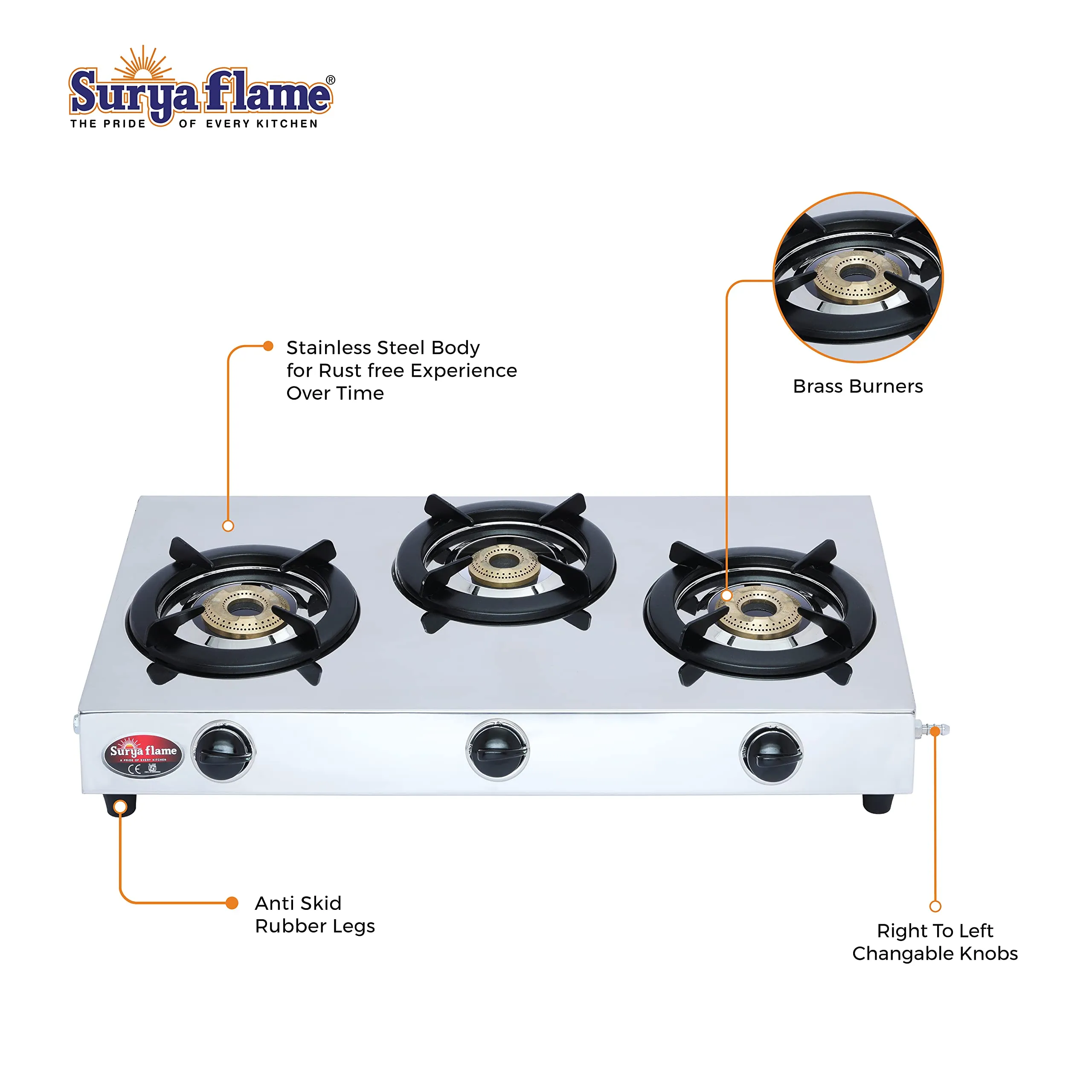 Surya Flame Triple Cook Gas Stove 3 Burners Manual LPG Gas Stove | LPG Gas Dual Layer Rubber Hose Pipe 1.5M | Elegant Gas Stove Lighter With Knife, Peeler Knife and Shredder (Pack of 4)