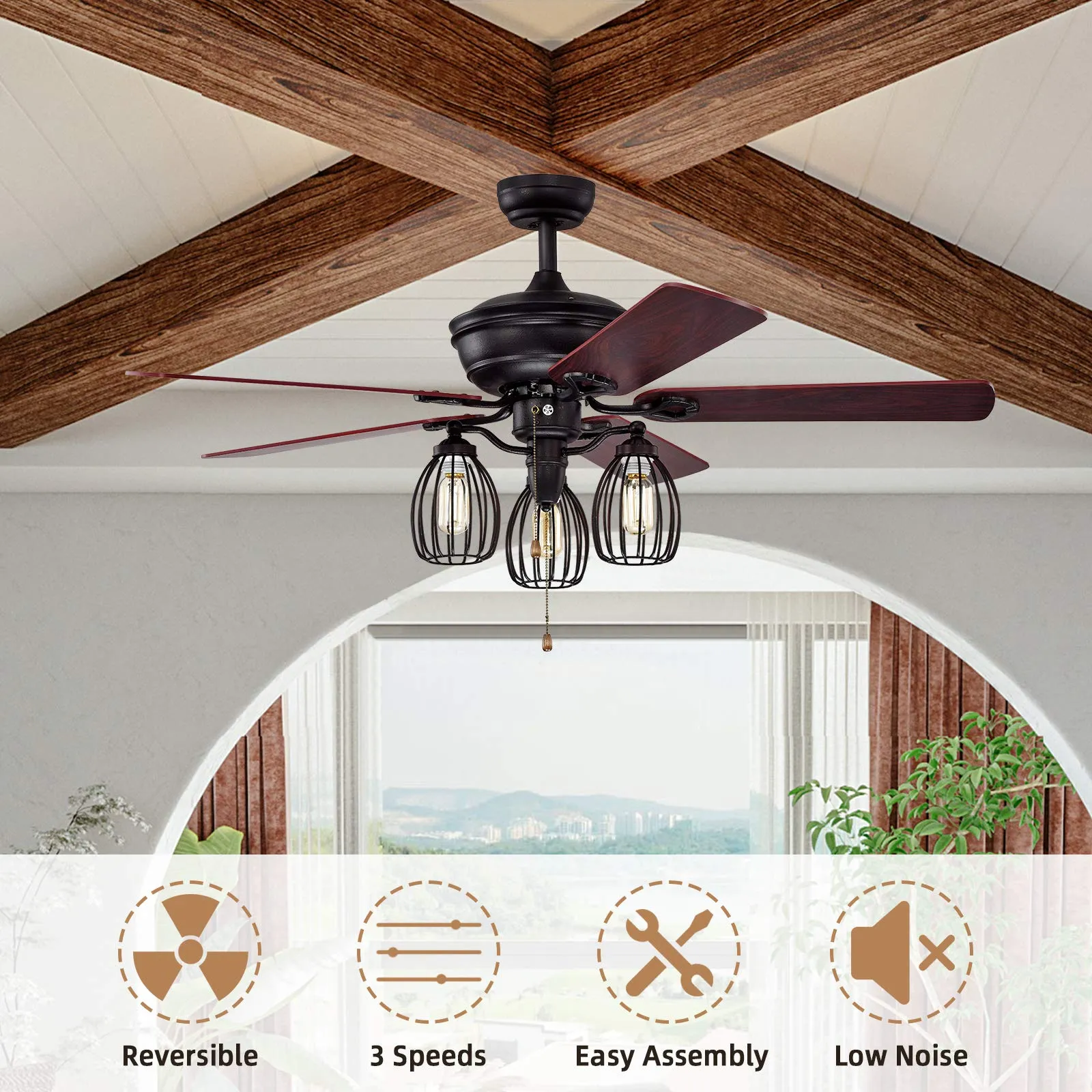 Tangkula 52-Inch Ceiling Fan with Lights, Industrial Ceiling Fan w/ 5 Iron Blades & 3 Cage Lights