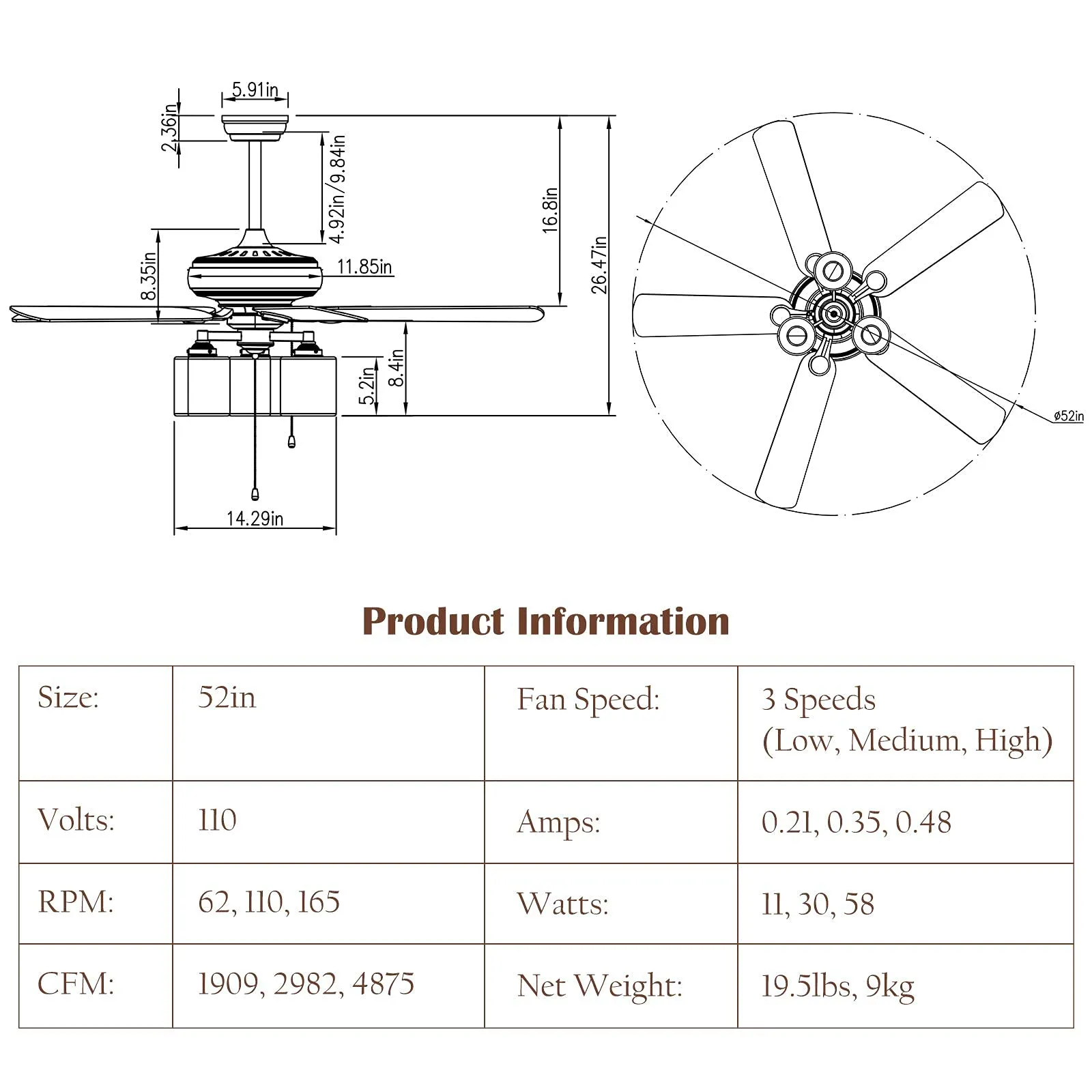 Tangkula Ceiling Fan with Lights 52 Inch, Industrial Pull Chain Ceiling Fan with Lighting