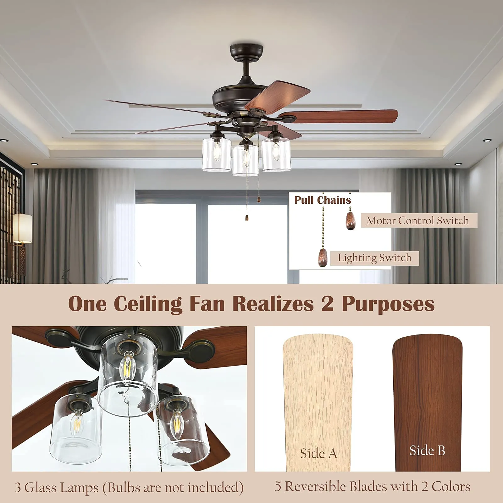 Tangkula Ceiling Fan with Lights 52 Inch, Industrial Pull Chain Ceiling Fan with Lighting