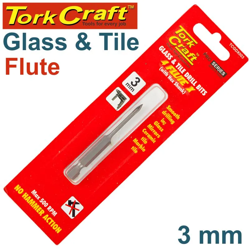 TORK CRAFT GLASS & TILE DRILL 3MM 4 FLUTE WITH HEX SHANK TCGDX003