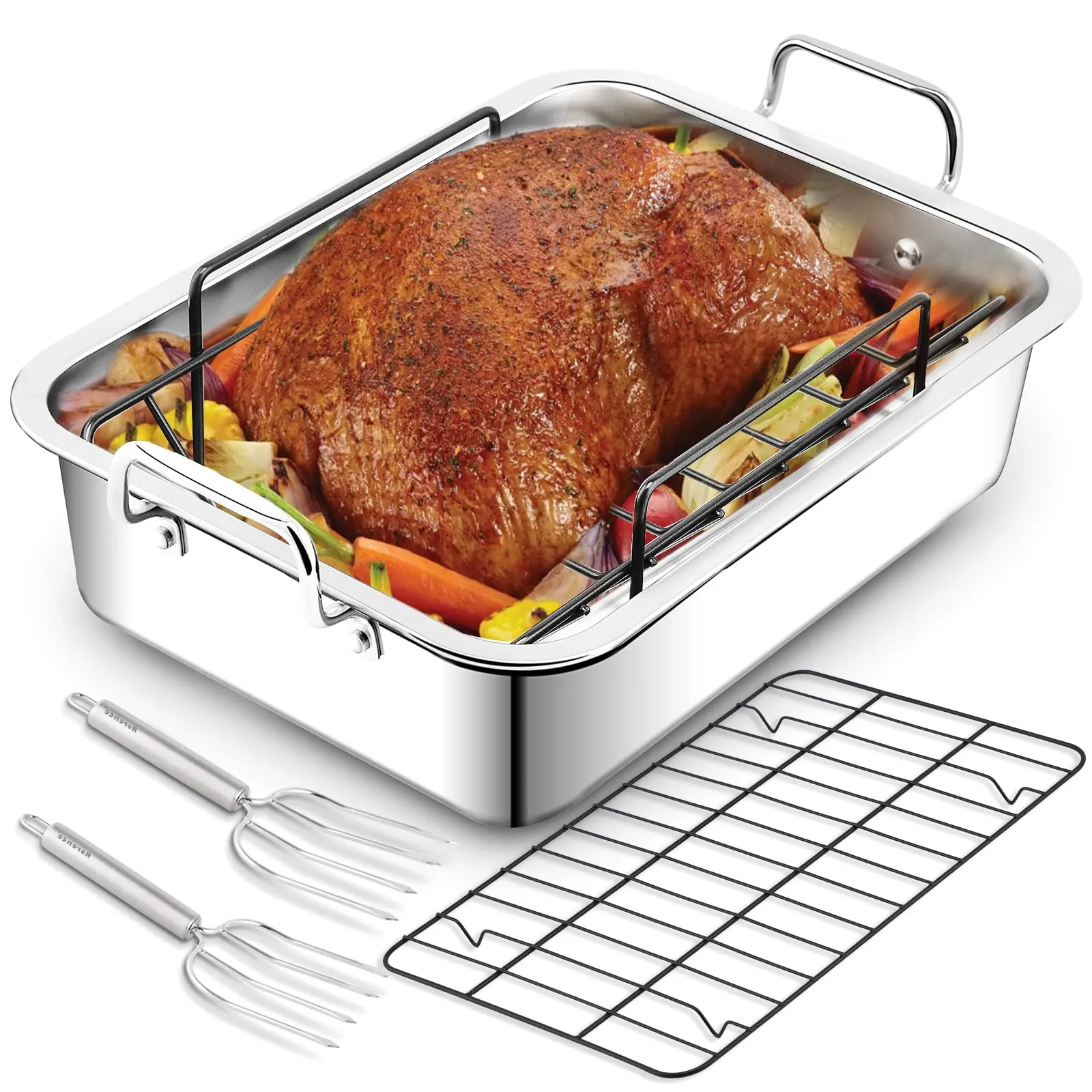 Turkey Roasting Pan with Nonstick Rack: Large 16 x 12 Inch Stainless Steel Turkey Roast Pan Set Rectangular Roaster – Perfect for Thanksgiving