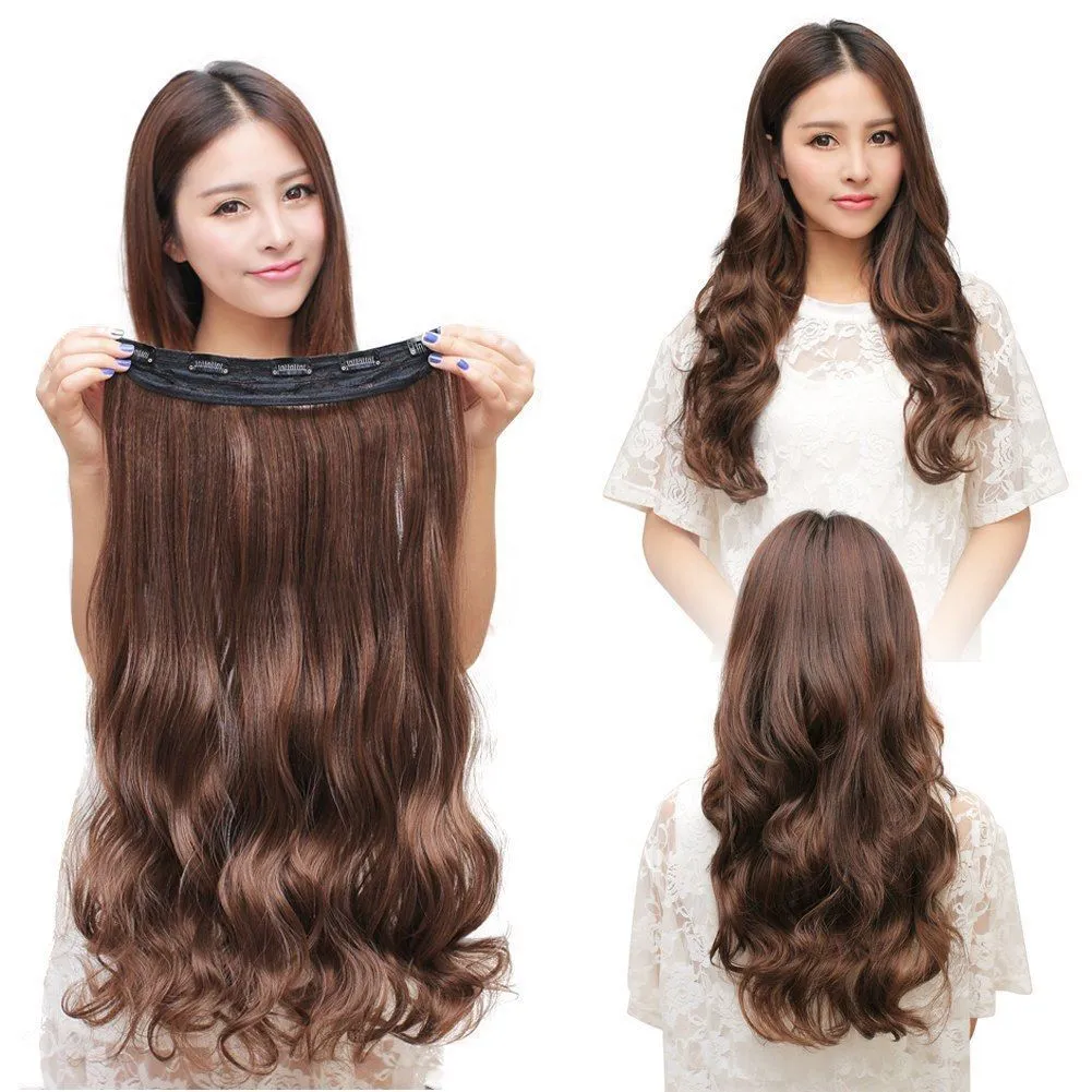 【US Stock】 3/4 Full Head Hair Extensions Clip Straight Curly w/ 5 Clips, Long