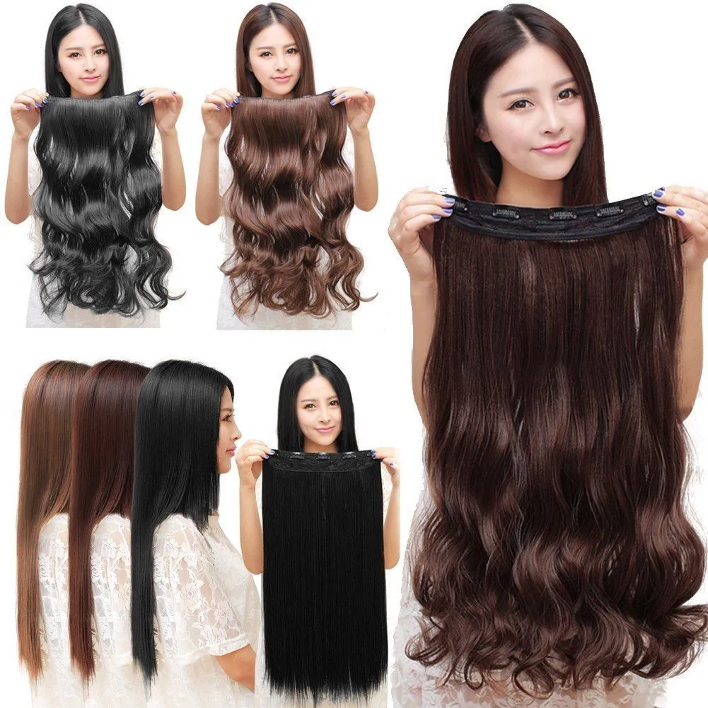 【US Stock】 3/4 Full Head Hair Extensions Clip Straight Curly w/ 5 Clips, Long