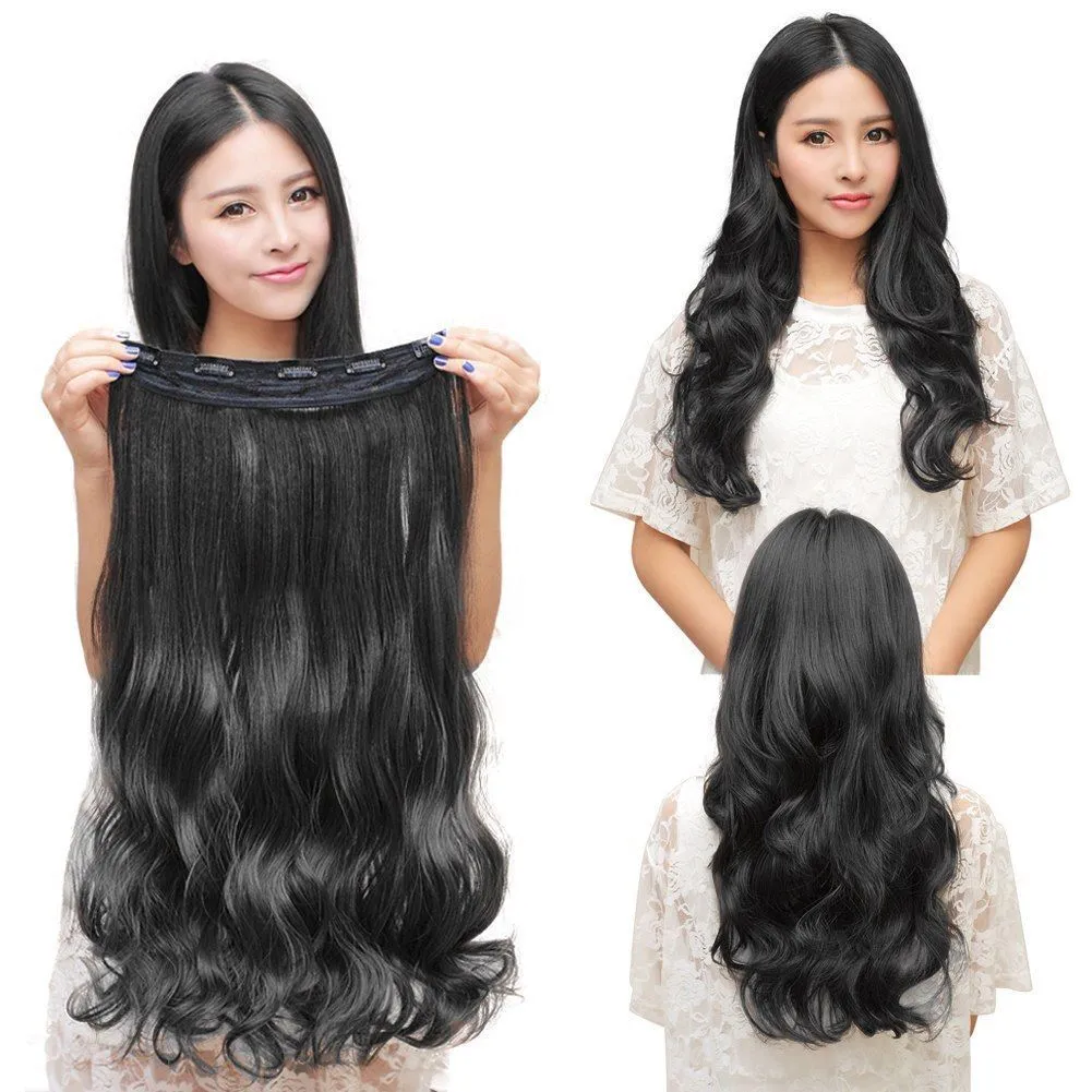 【US Stock】 3/4 Full Head Hair Extensions Clip Straight Curly w/ 5 Clips, Long