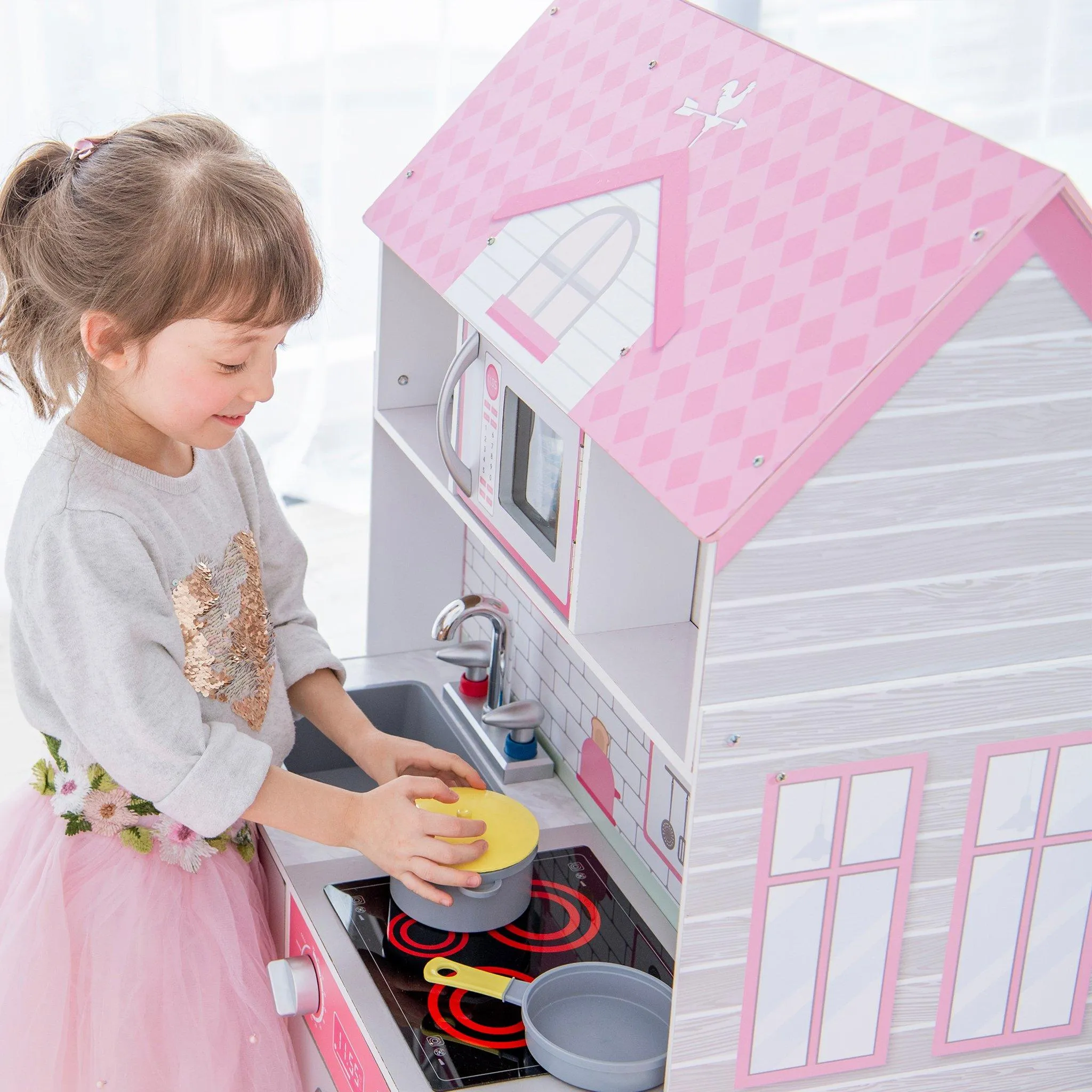 Wonderland Ariel 2 in 1 Doll House & Play Kitchen - Pink / Grey