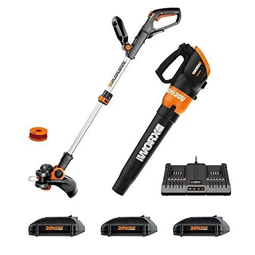 Worx WG921.1 Cordless 20V 12" Trimmer and TURBINE 20V Cordless Blower; 3 20V Batteries, and 2-hr Dual Charger included